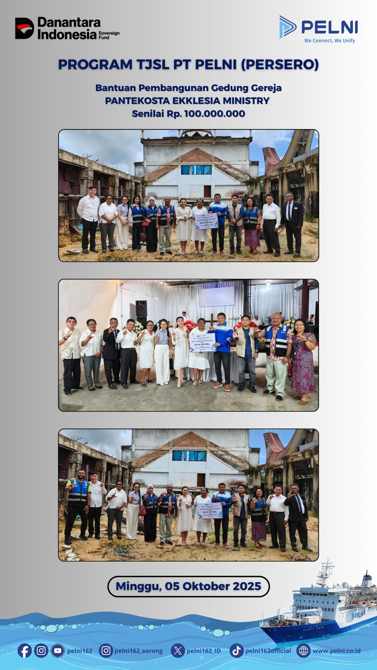 Pelni Sorong Serahkan Bantuan Rp100 Juta untuk Pembangunan Gereja Pantekosta Pelni Sorong Serahkan Bantuan Rp100 Juta untuk Pembangunan Gereja Pantekosta
