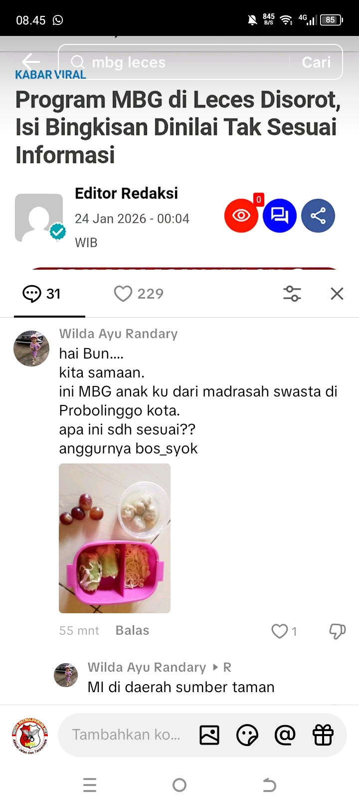 Viral di TikTok, Kualitas Menu MBG di Leces Tuai Kritik dari Wali Murid