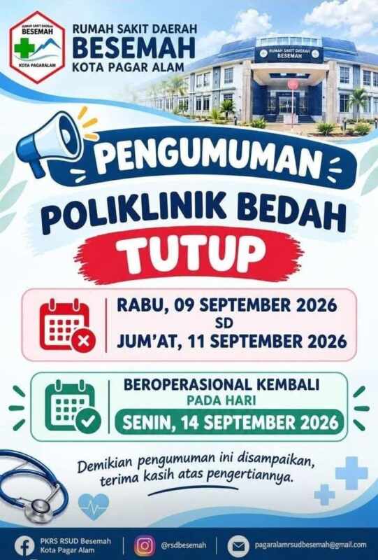 Layanan Poliklinik Bedah RSD Besemah Pagaralam Ditutup Sementara