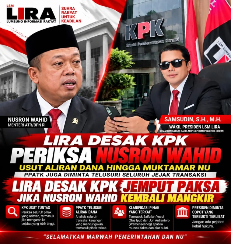 Dugaan Aliran Dana Rp480 Miliar Disorot, LIRA Minta KPK Periksa Nusron Wahid dan Dua Tokoh Lain